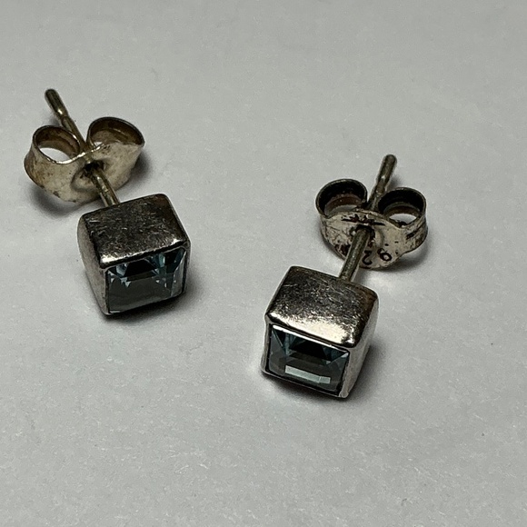 Sterling Silver Blue Topaz Square Stud Earrings - Picture 4 of 7